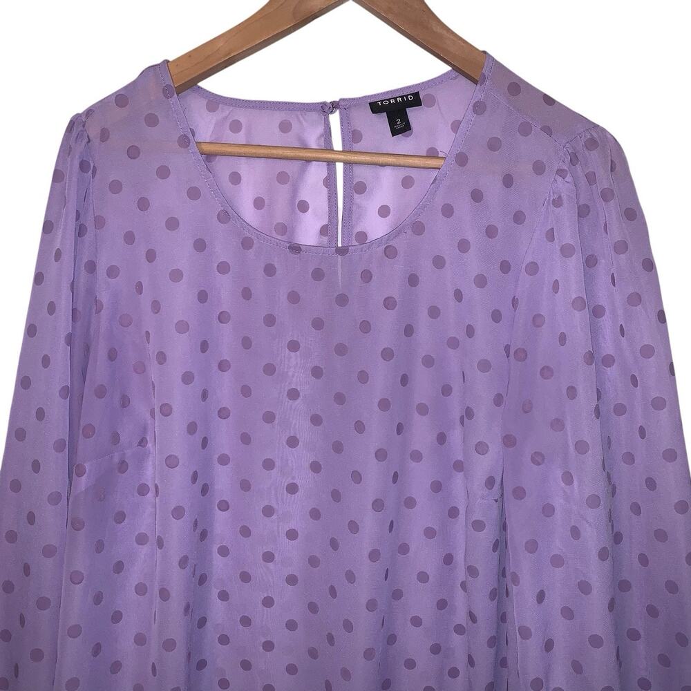 Torrid Womens Chiffon Clip Dot Top Size 2x Purple Puff Sleeve Semi Sheer Keyhole - Picture 7 of 9